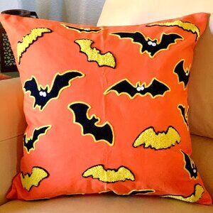 18x18 Cute 100% Cotton Orange Whimsical Embroidered Halloween Tufted Flying Bats